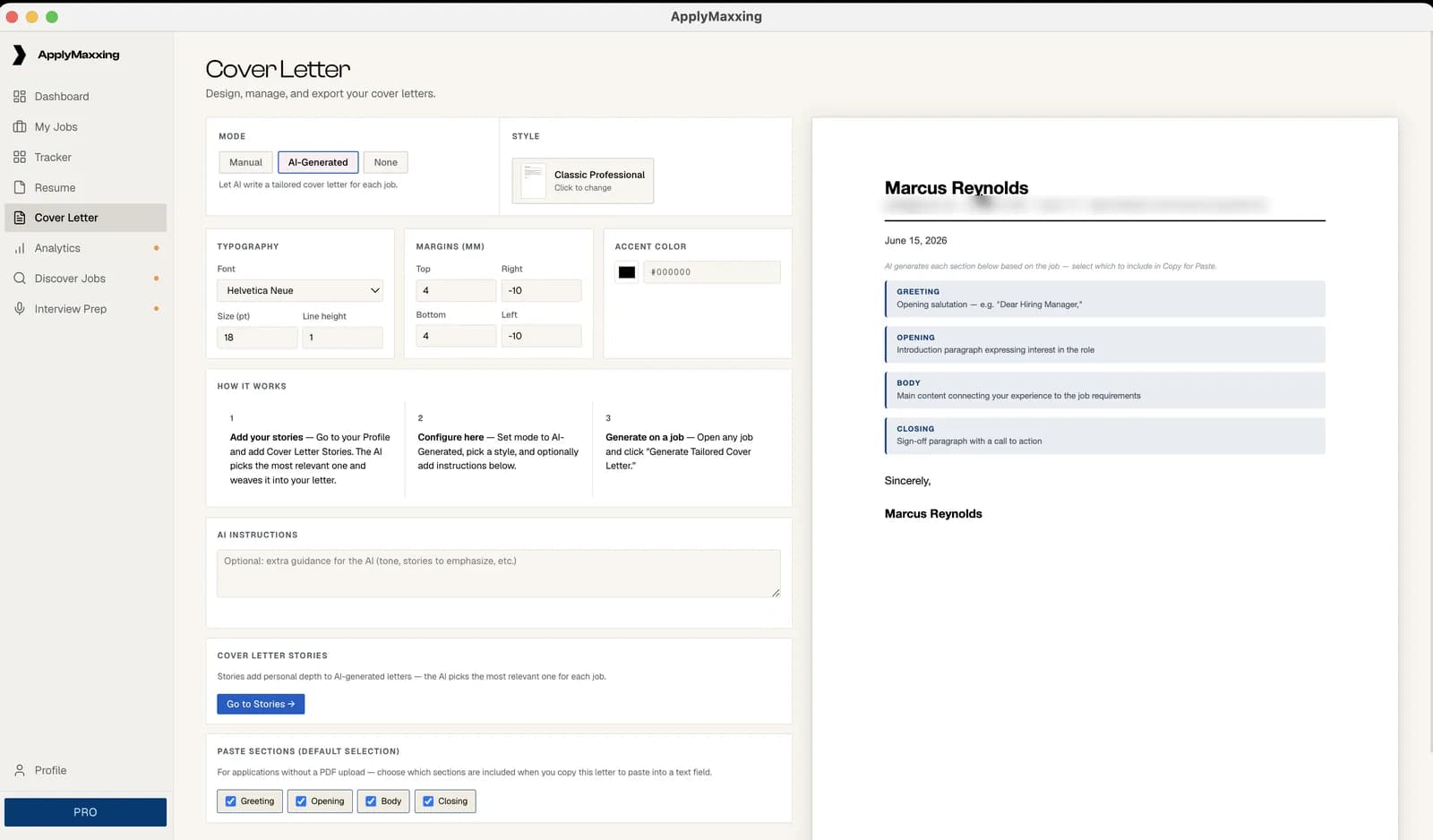 The Cover Letter screen showing mode and style pickers, typography and margin controls, and a preview of the generated letter