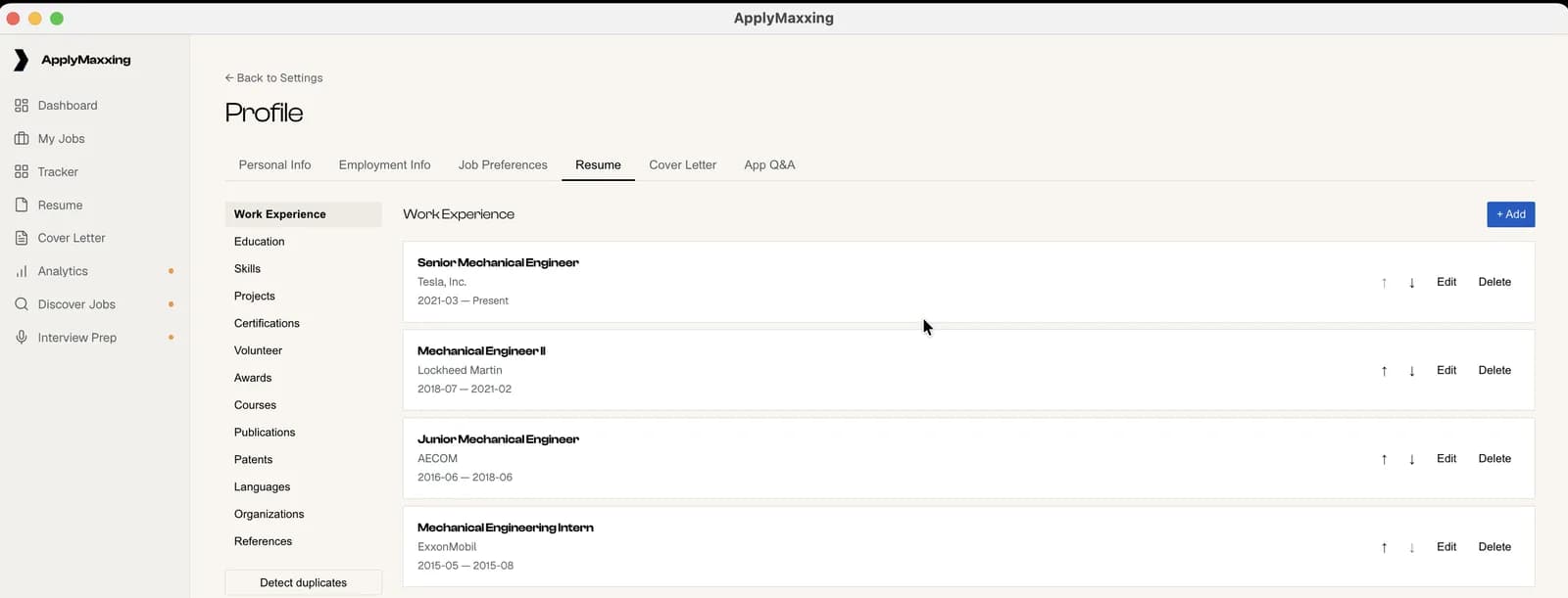 The Profile screen with tabs for personal info, employment info, job preferences, resume, cover letter and app Q and A, and a sidebar of profile sections