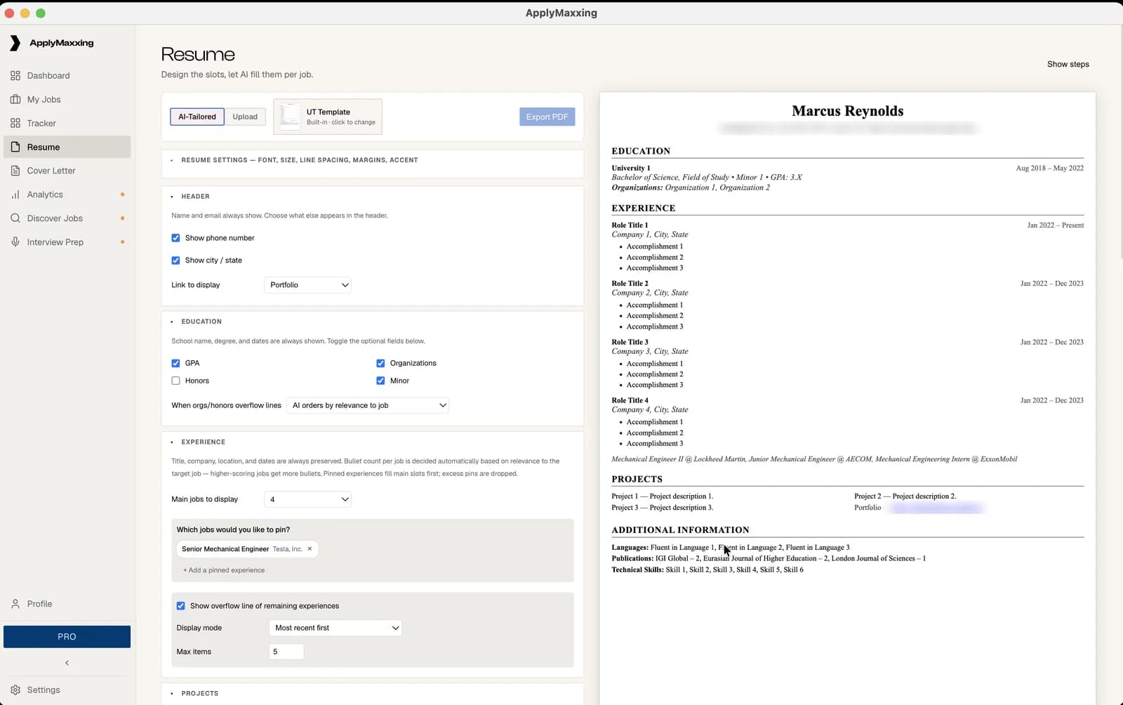 The Resume screen with slot settings on the left and a live tailored resume preview on the right